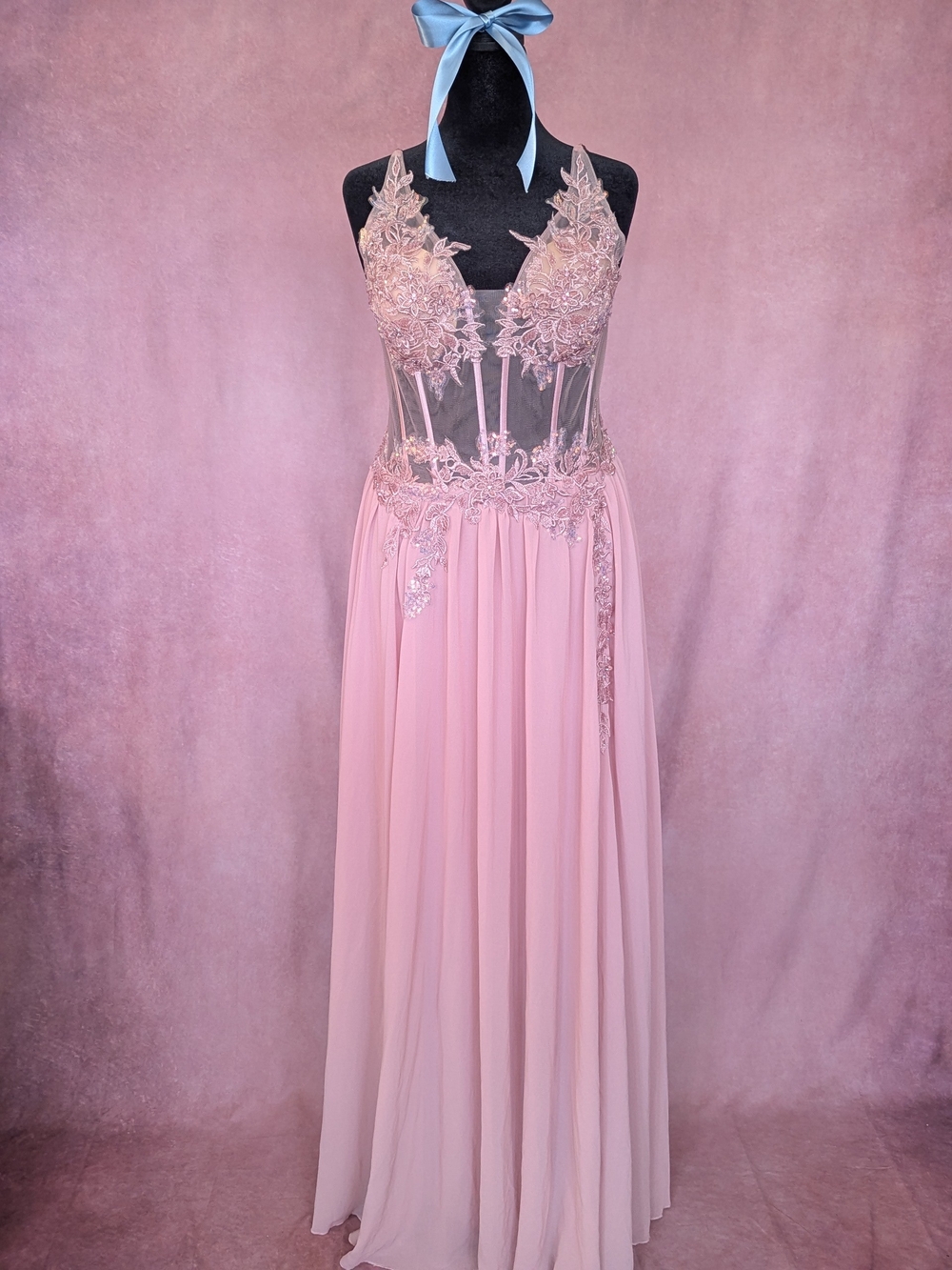 Delicate Pink Lace Appliqué Evening Gown